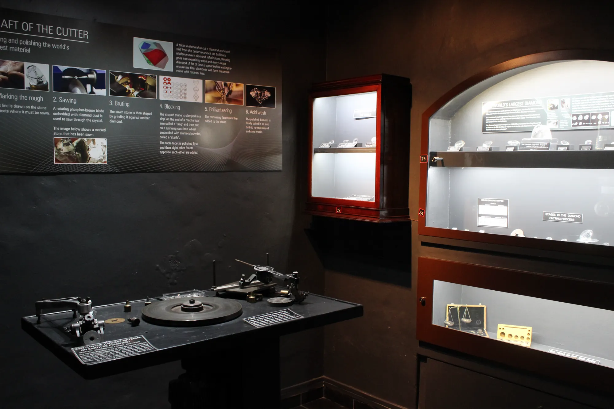 The diamond cutter's craft display in the museum: the six stages of cutting (marking, sawing, bruting, blocking, brillianteering, acid wash) with a working cutter's tang on the bench