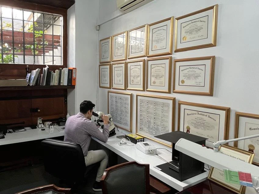 A Prins and Prins gemmologist at the microscope in the in-house gem laboratory, beneath the wall of GIA diplomas