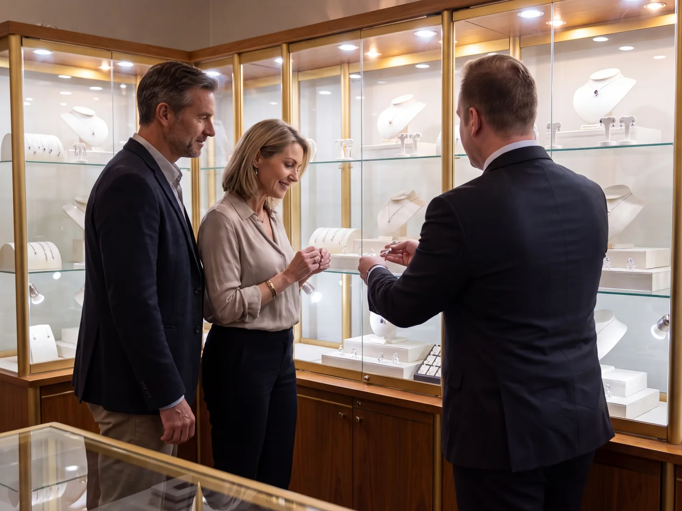 A consultant showing jewellery to a couple across a lit display cabinet at Prins and Prins, Cape Town