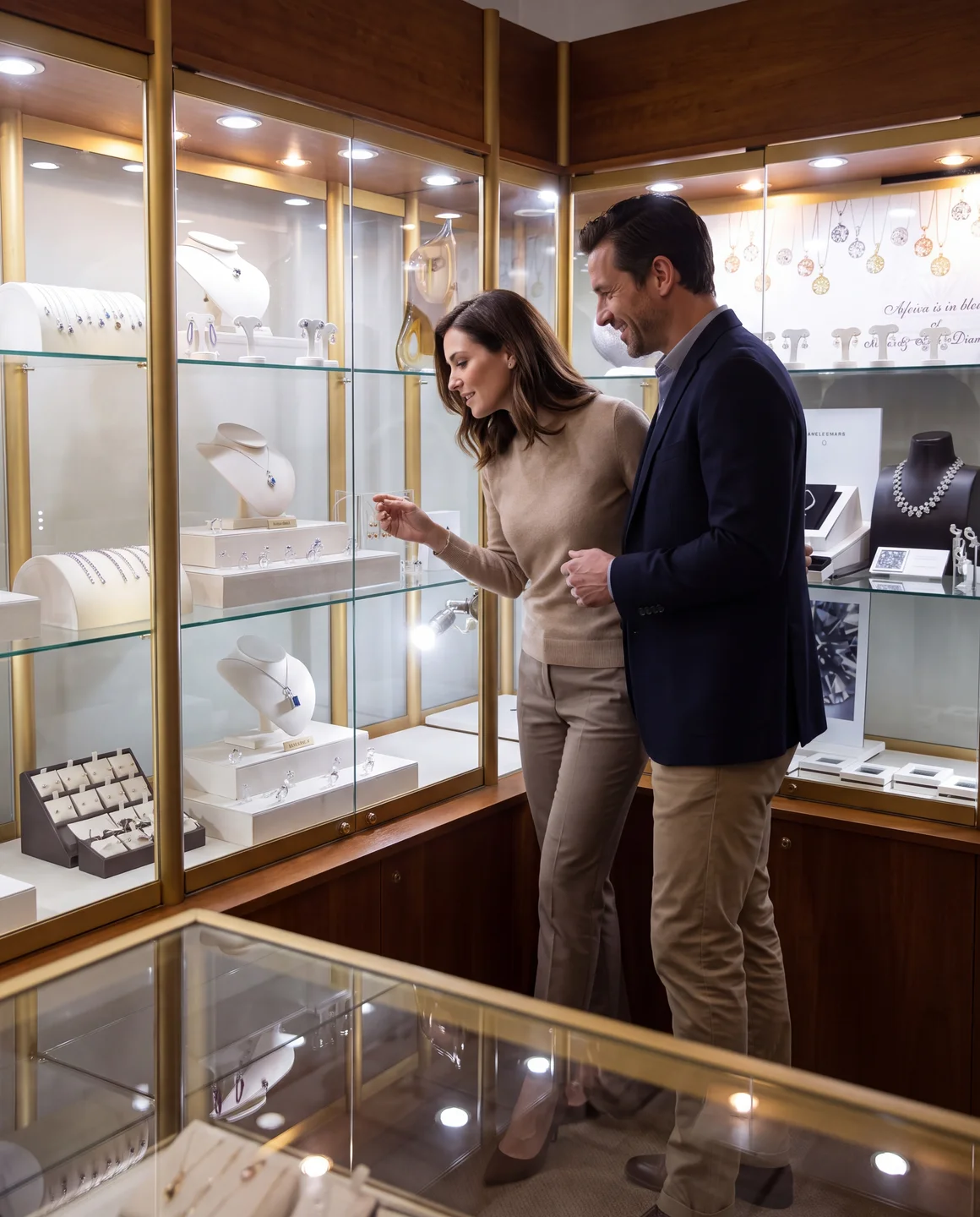 A couple browsing diamond and tanzanite jewellery in the lit display cabinets at Prins and Prins, Huguenot House, Cape Town