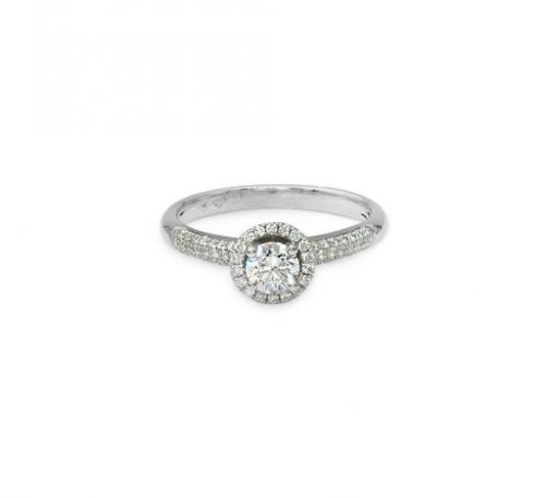 18ct white gold halo design ring with a pave set diamond band