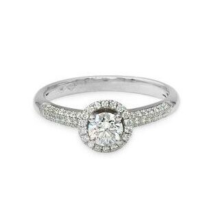18ct white gold halo design ring with a pave set diamond band