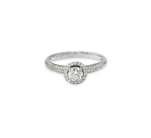 18ct white gold halo design ring with a pave set diamond band