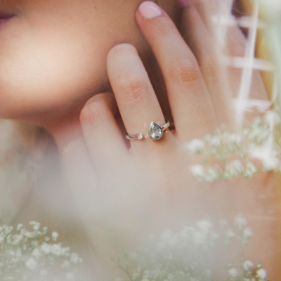 14CT white gold pear aquamarine and diamond dress ring