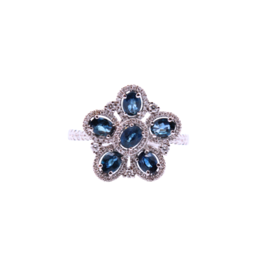 18K White Gold Oval Sapphire Floral Diamond Ring