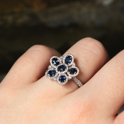 18K White Gold Oval Sapphire Floral Diamond Ring - Image 2