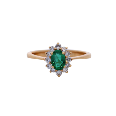 18K Yellow Gold Floral Diamond & Emerald Ring