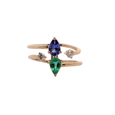 14K Yellow Gold Pear Tanzanite & Emerald Ring
