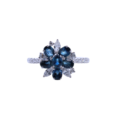 18K White Gold Flower Sapphire Diamond Ring