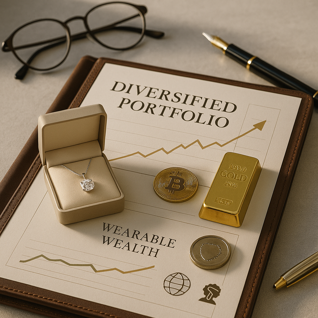 A high-resolution photograph displays an investor’s desk scene with a leather folio open to printed portfolio charts. Beside it rest a gold bar, a Bitcoin token, and a diamond pendant labelled “Wearable Wealth.” Also visible are a fountain pen, reading glasses, and gentle natural daylight streaming in, all styled in a sophisticated charcoal, gold, and cream palette.