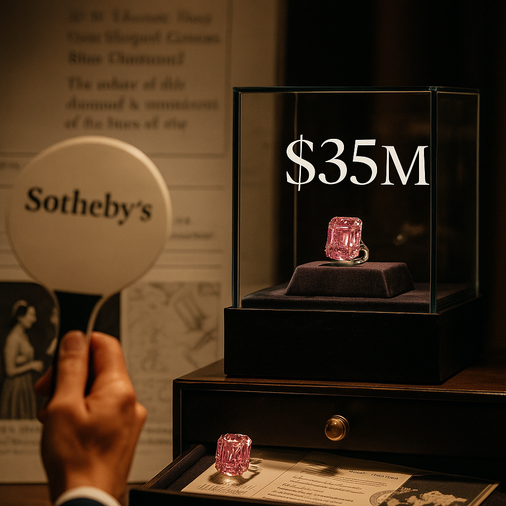 A dramatic auction scene at Sotheby’s with a spotlight illuminating a vivid pink diamond in a jewellery case. A bidder holds a paddle mid-gesture, while the background displays blurred auction catalogue excerpts and a subtle overlay of ‘$35M’. Velvet textures and crystal lighting convey opulence and global demand.