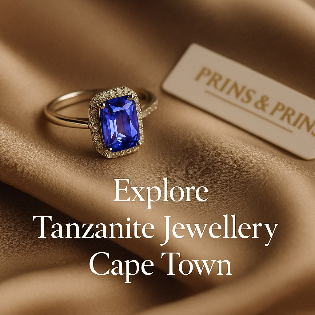 Radiant-cut tanzanite ring resting on silk fabric with a Prins & Prins signature tag in view and the text overlay ‘Explore Tanzanite Jewellery Cape Town’, styled in soft serif font with warm, luxurious lighting and editorial composition.