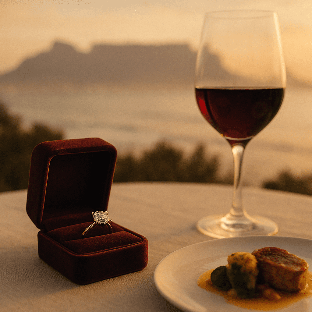 Luxury flat-lay featuring a diamond engagement ring in a velvet box, a glass of red wine, gourmet plated dish, and blurred Table Mountain silhouette in the background, representing a high-end Cape Town itinerary.