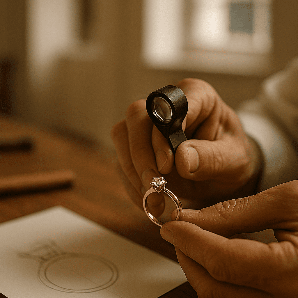 Jeweller’s hands crafting a custom diamond engagement ring, with a sketched ring design in the background, symbolising bespoke jewellery experiences at Prins & Prins in Cape Town