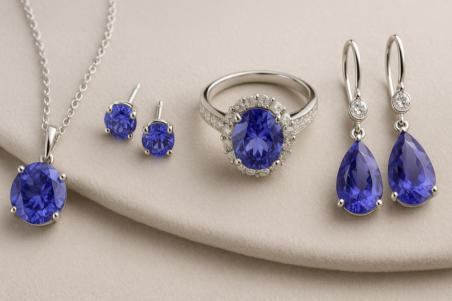 Elegant display of Tanzanite jewellery featuring a white gold pendant with oval-cut Tanzanite, round Tanzanite stud earrings, a diamond-accented Tanzanite cocktail ring, and teardrop Tanzanite dangle earrings on beige velvet — showcasing luxury Tanzanite jewellery styling for day and evening wear.