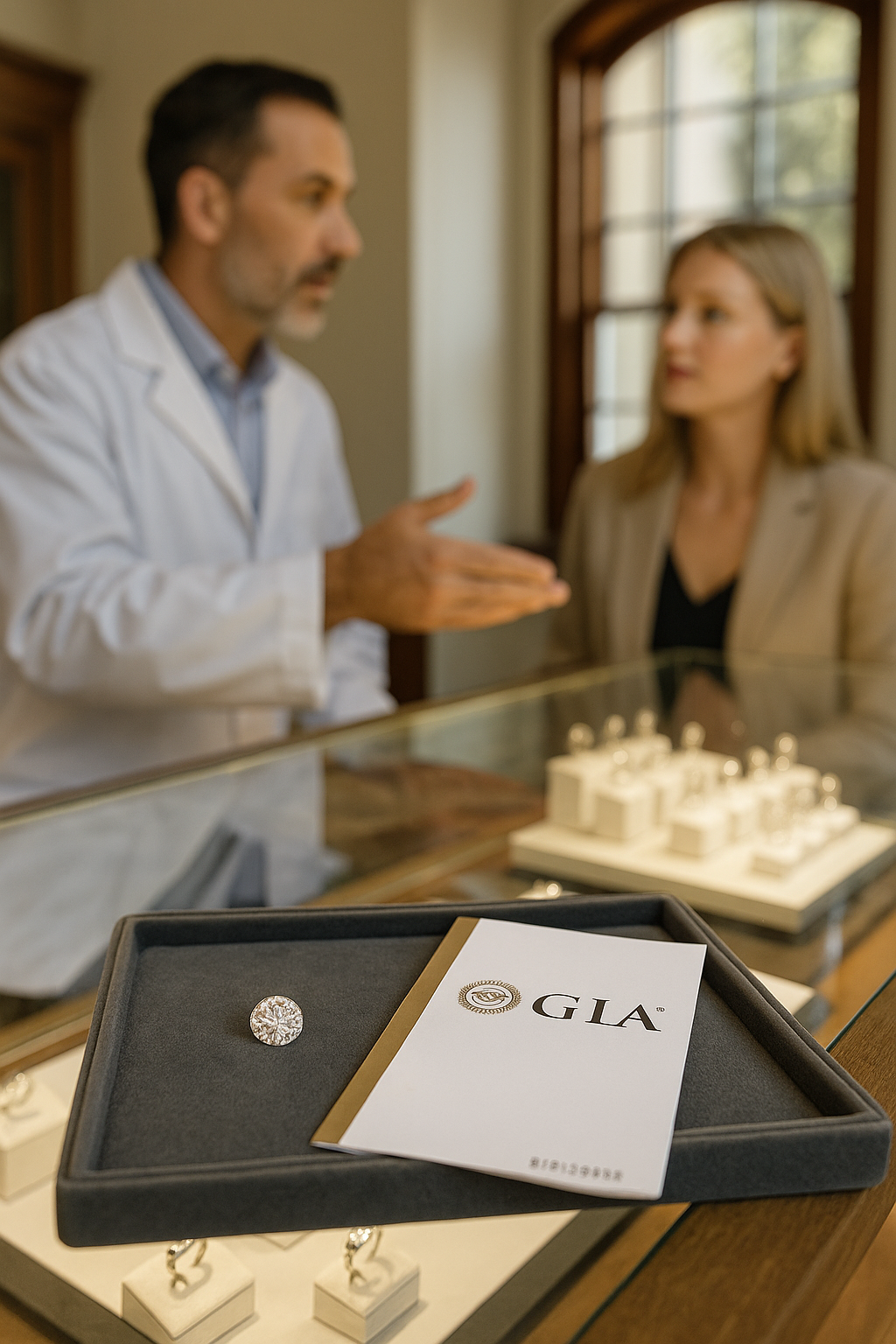 Certified diamond with GIA certificate displayed on velvet tray in a Cape Town jewellery showroom, highlighting ethical sourcing and expert consultation at Prins & Prins Diamonds.