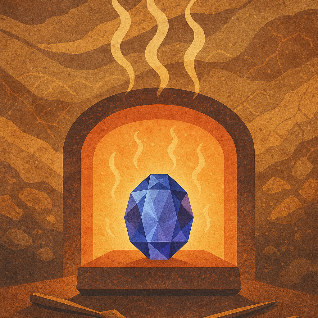 Artistic illustration of a tanzanite gemstone inside a glowing furnace with radiant heat waves, symbolising the heat treatment process, surrounded by earthy textures and mineral patterns evoking Tanzanian geology and gemstone transformation.