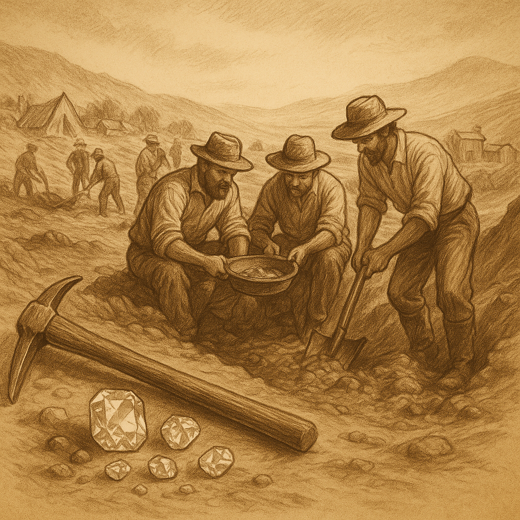 Sepia-toned vintage illustration of South African diamond miners during the 19th-century diamond rush, with a pickaxe, uncut diamonds, and labourers sifting soil in a rugged mining camp setting, evoking the historical origins of Cape Town’s diamond legacy.