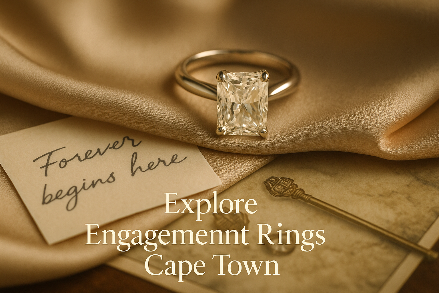 Radiant-cut diamond engagement ring displayed on champagne silk beside a handwritten note reading ‘Forever begins here,’ with elegant serif text overlay that reads ‘Explore Engagement Rings Cape Town,’ evoking luxury, romance, and timeless commitment.
