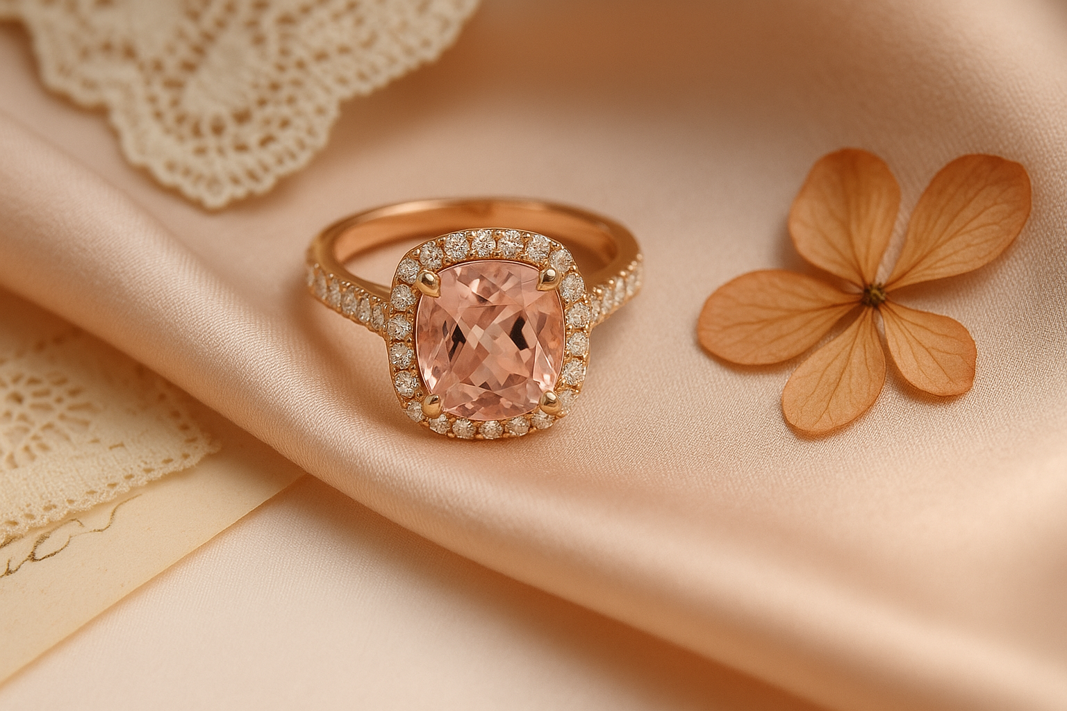 Cushion-cut pink morganite engagement ring encircled by pavé diamonds, elegantly displayed on blush silk with a vintage lace handkerchief and a pressed flower, styled in soft rose-gold tones and glowing natural light to evoke romantic femininity.