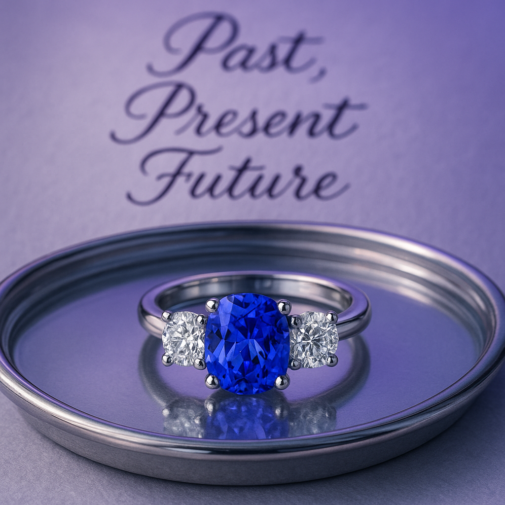 A three-stone ring featuring a vivid blue tanzanite center stone flanked by two round diamonds, resting on a mirrored silver tray with soft violet lighting and calligraphy in the background that reads “Past, Present, Future.”