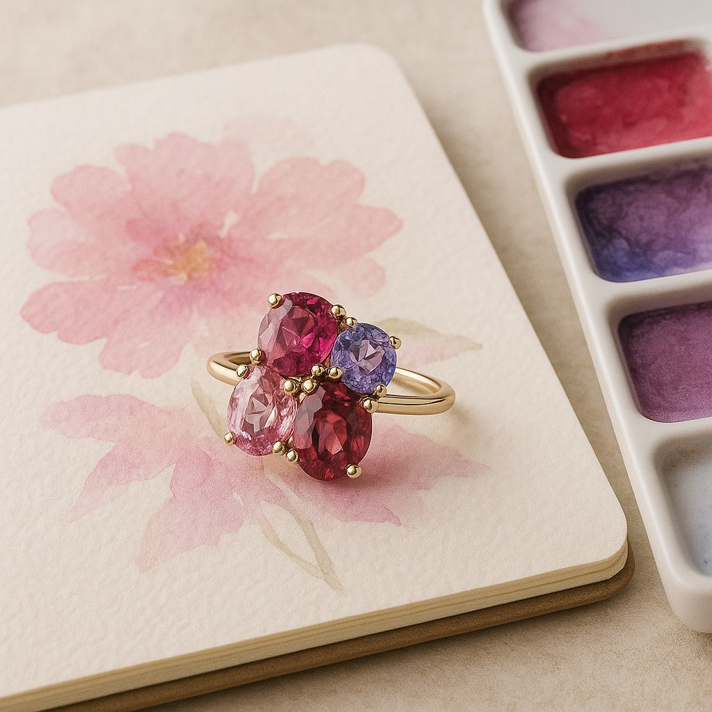A vibrant cluster-style ring with pink, lavender, and red spinels set in gold, resting on a watercolor sketchbook with a floral painting, next to a palette of gemstone-colored paints under soft natural light.