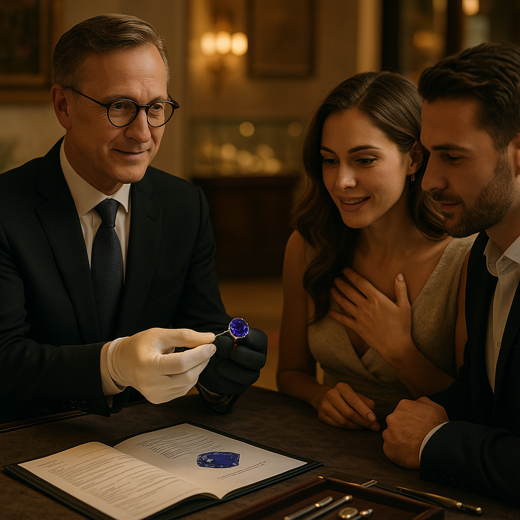 Jeweller in elegant attire presenting a tanzanite ring to a well-dressed couple in a boutique showroom, with open gemological documents on the counter and soft golden lighting, emphasising personalised consultation and gemstone expertise.