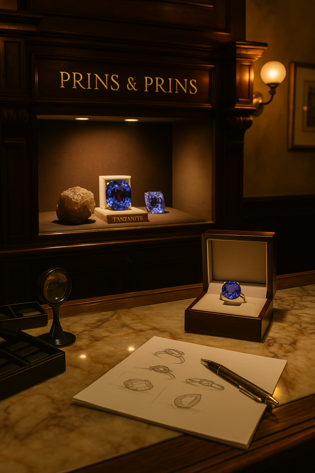 Interior of the Prins & Prins jewellery showroom featuring a spotlighted tanzanite display, surrounded by heritage décor, a jeweller’s sketchpad with ring designs, magnifying tools, and warm marble and mahogany textures, reflecting excellence and craftsmanship.