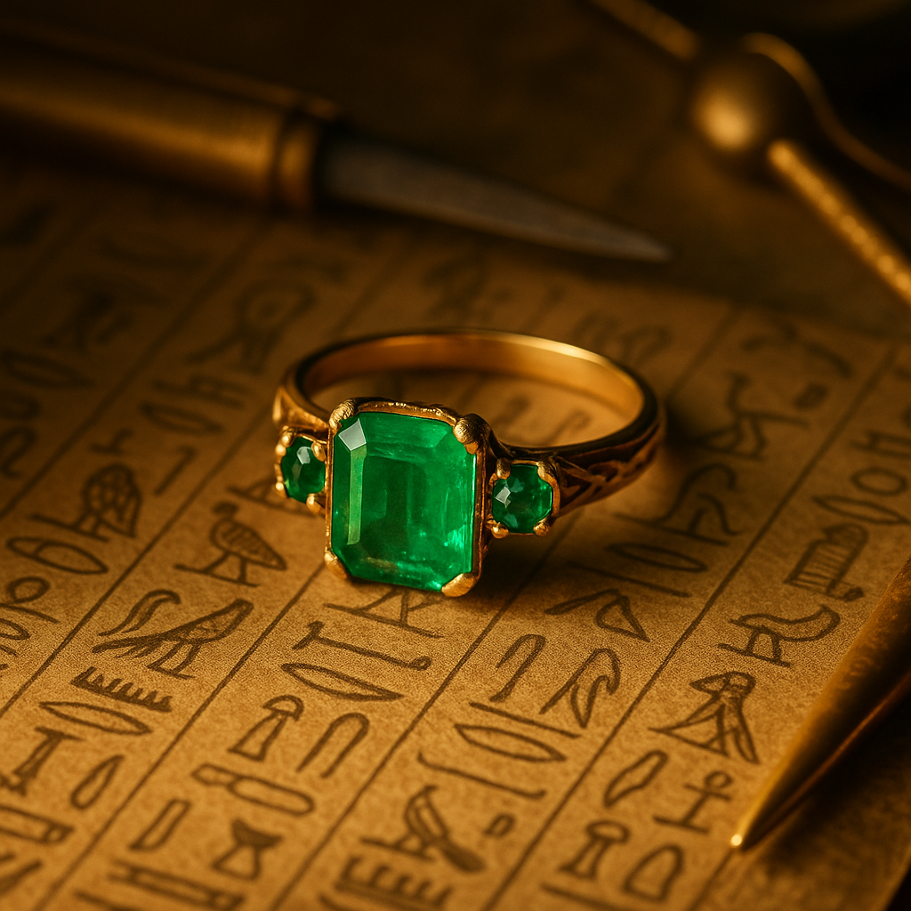 Close-up of a vintage emerald ring resting on antique parchment with faded hieroglyphs, surrounded by golden jewellery tools and a soft green glow, evoking Cleopatra’s legacy and the symbolic meaning of renewal and rebirth.
