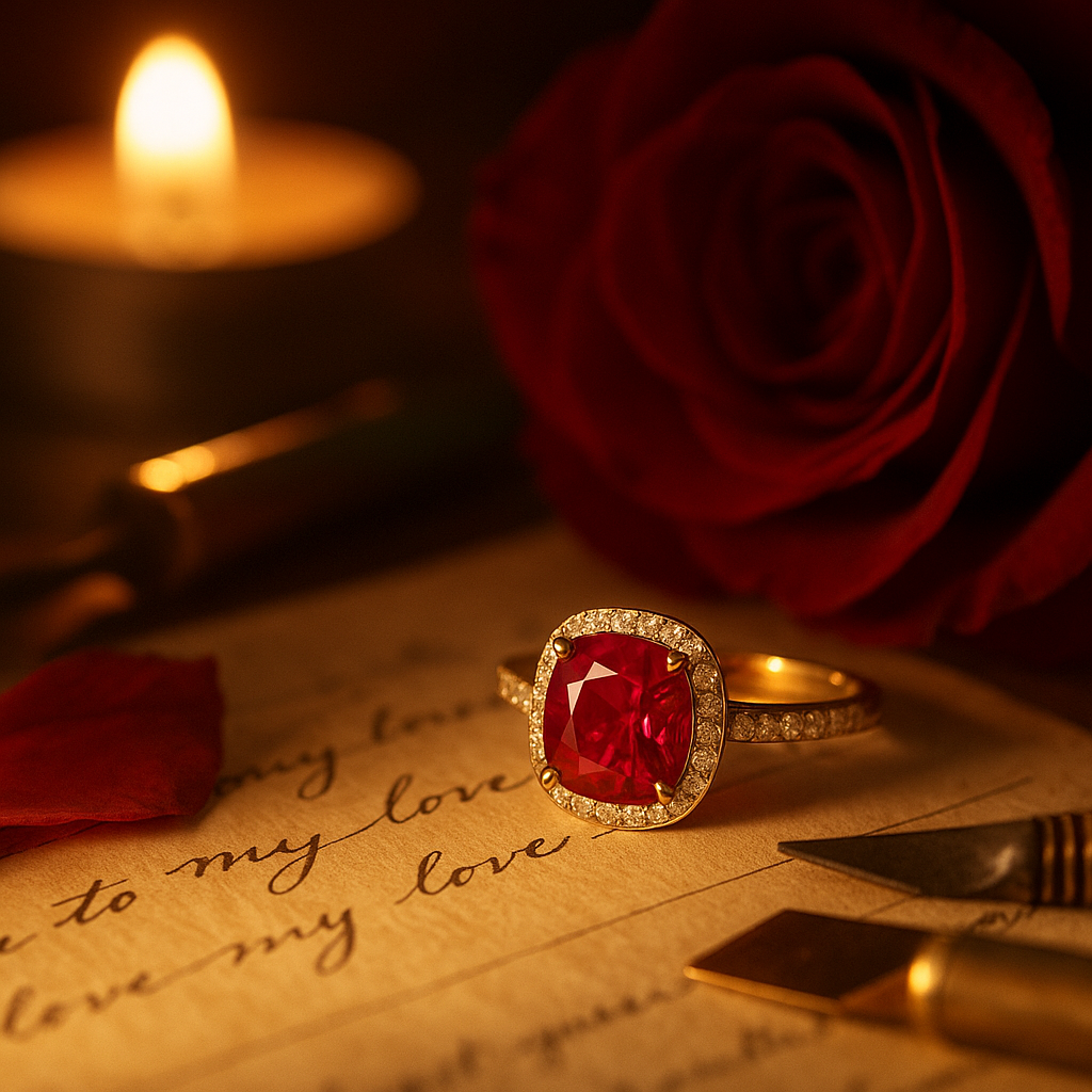 Radiant ruby engagement ring illuminated by warm candlelight, placed beside a red rose and a handwritten love letter on textured paper, with deep red and gold tones creating an atmosphere of passion, romance, and timeless elegance.