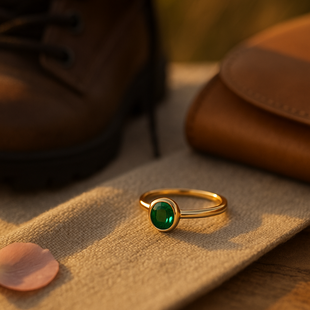 A gold bezel-set emerald engagement ring resting on textured beige linen, with hiking boots and a leather travel pouch in the background, bathed in soft golden hour light.
