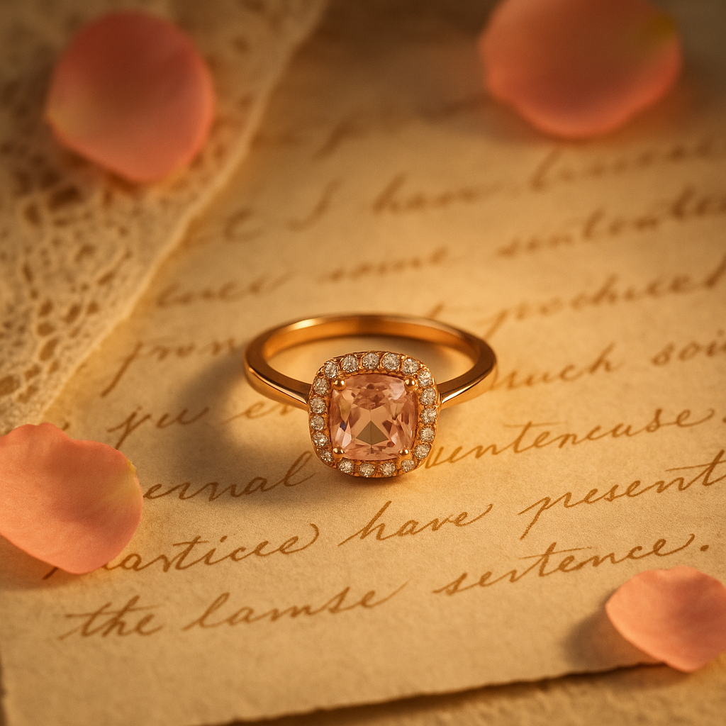 A pink morganite halo ring styled with vintage lace and a handwritten love letter, surrounded by rose petals.