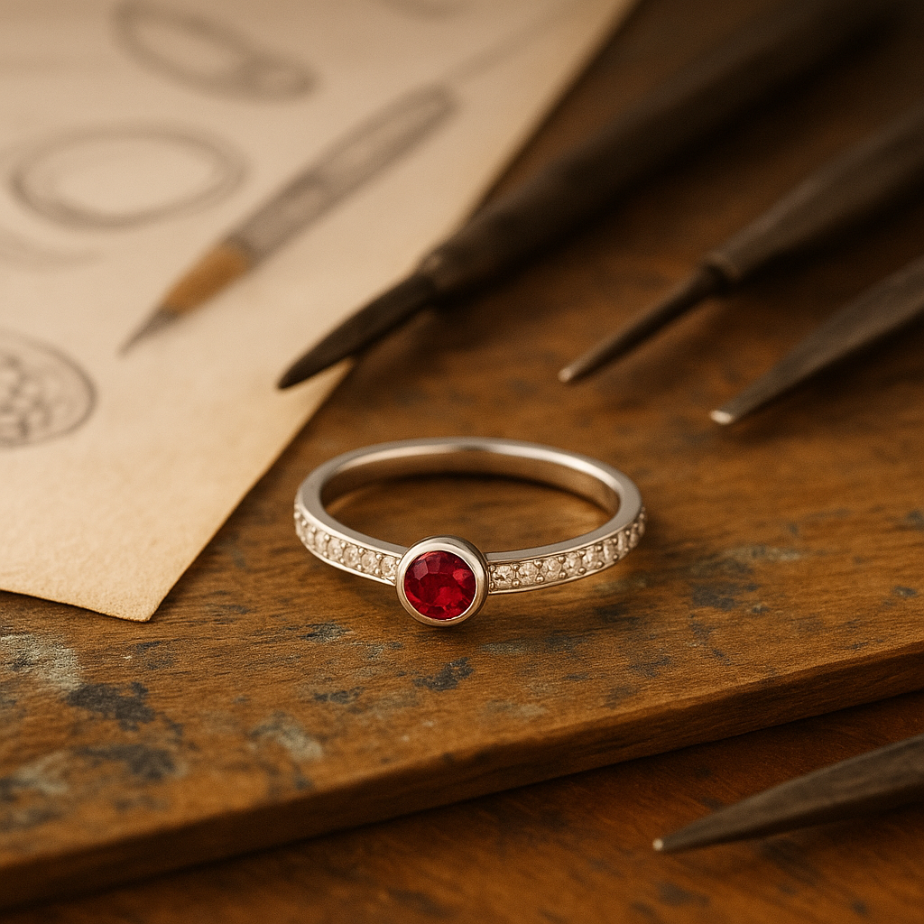 A pavé-set white gold ring with a flush ruby centre, styled in an artisan’s workspace with sketches and tools.