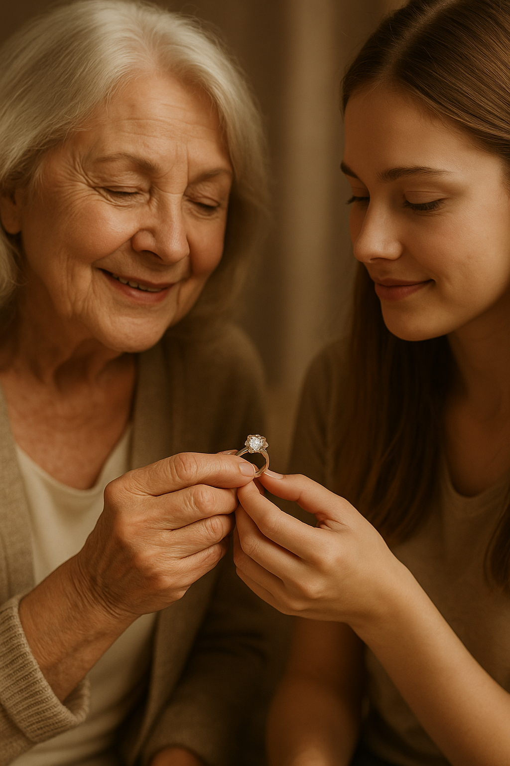 Elderly woman gently passing a diamond ring to her smiling granddaughter in a warm, softly lit setting, symbolising the emotional legacy and generational value of heirloom jewellery.