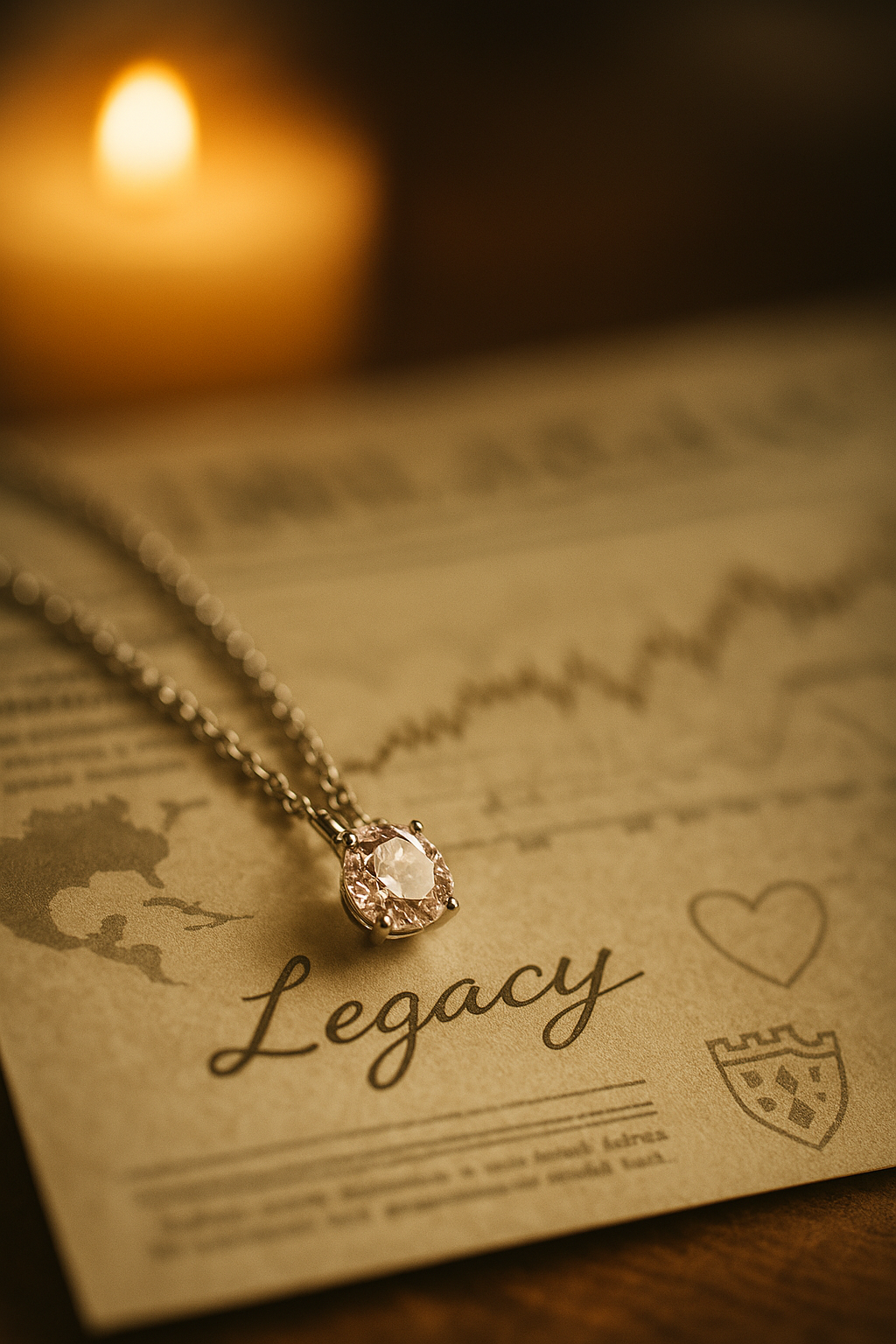 A close-up photograph of an elegant diamond necklace gently resting on a handwritten parchment marked “Legacy,” bathed in soft candlelight. The image evokes emotional warmth and timeless value, with subtle symbols like a heart outline and family crest enhancing the theme of heritage and security.