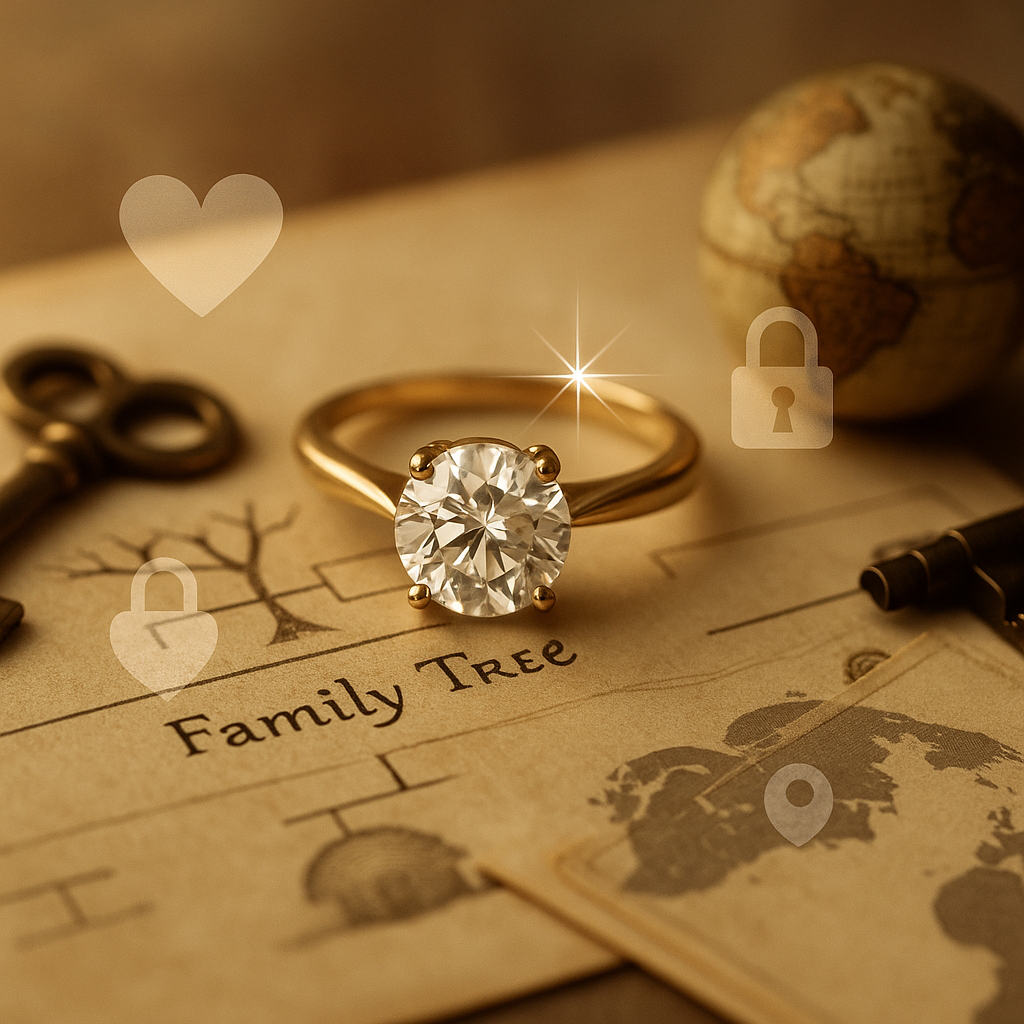 A symbolic photograph features a diamond engagement ring resting atop an illustrated family tree scroll. Beside the ring lie a small antique vault key and a miniature globe, representing legacy, security, and global value. Subtle overlays include a heart icon, a padlock symbol, and a gentle sparkle effect on the diamond, all bathed in soft, warm lighting that evokes timeless elegance.
