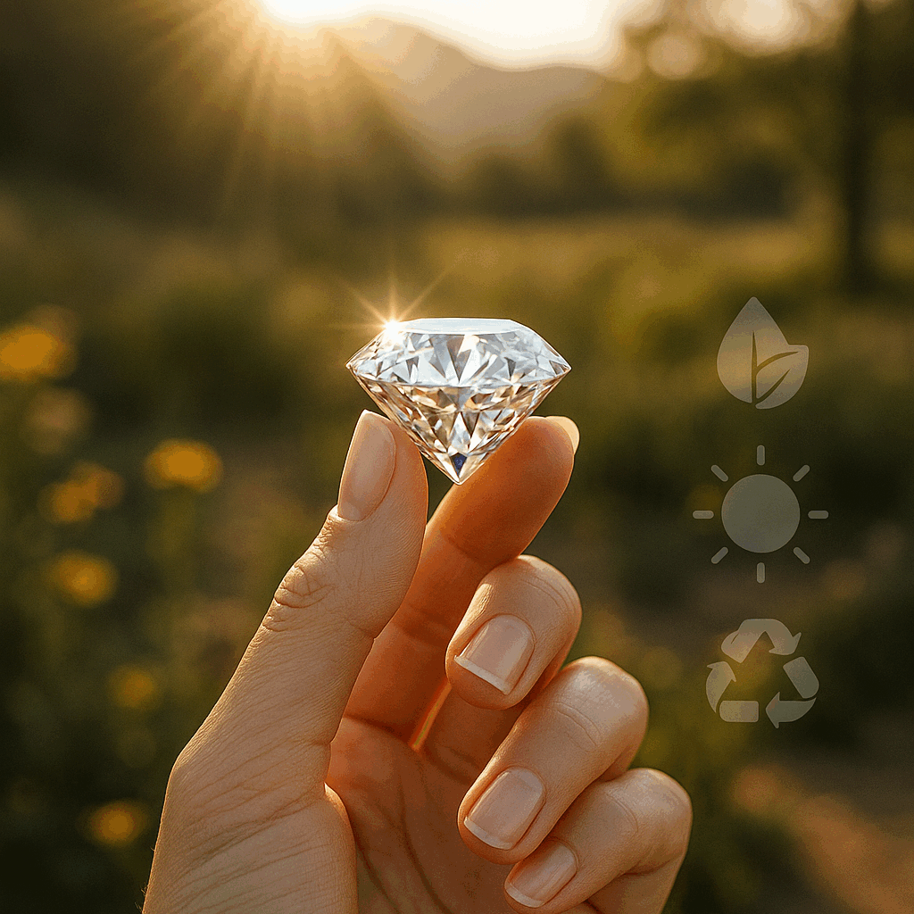 An elegant hand delicately holding a brilliant-cut diamond with a restored natural landscape in the background, featuring wildflowers, trees, and distant animals. Soft rays of light and subtle sustainability symbols—leaf, sun, and recycle icon—underscore the harmony between luxury and environmental responsibility.