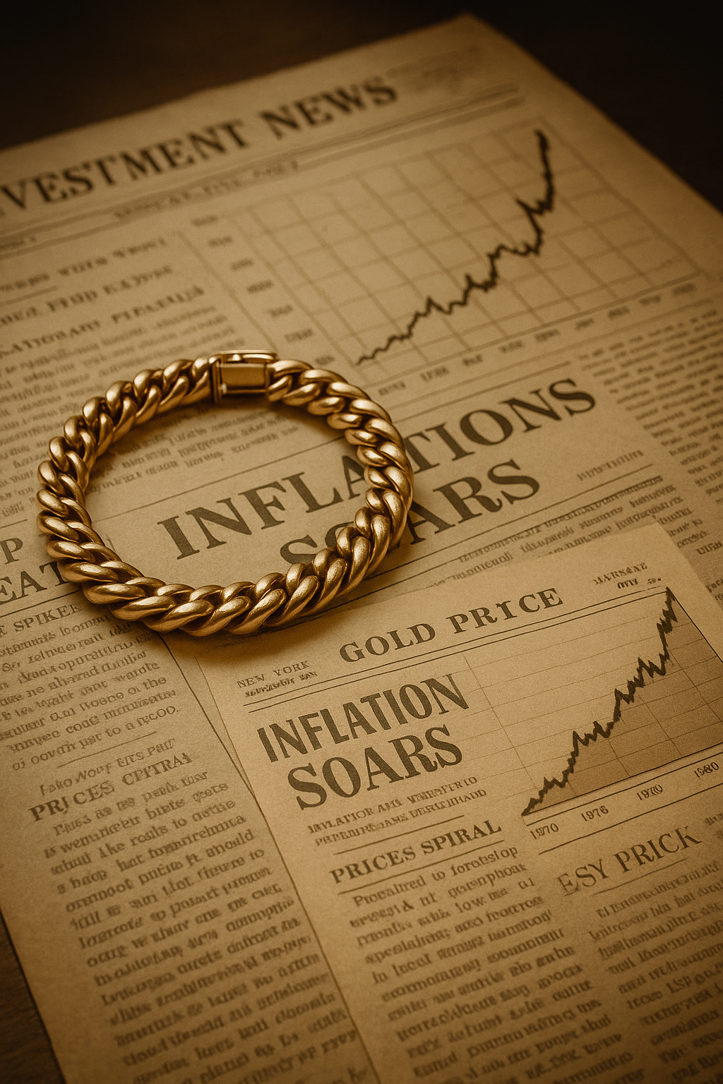A sepia-toned still life photograph showing a vintage gold bracelet resting atop a 1970s-style financial newspaper with inflation headlines. In the background, an old-fashioned gold price chart rises steeply, evoking the historical value of gold during economic crises.