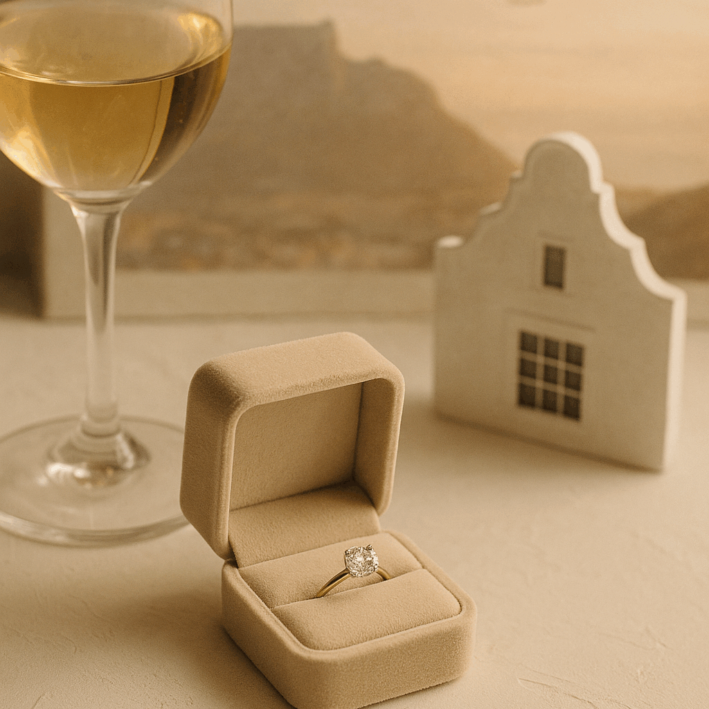 Flat-lay composition featuring a luxury diamond ring in a velvet box, a glass of wine, and Cape Dutch architectural details in soft, elegant tones, symbolising exclusive experiences for repeat visitors in Cape Town.