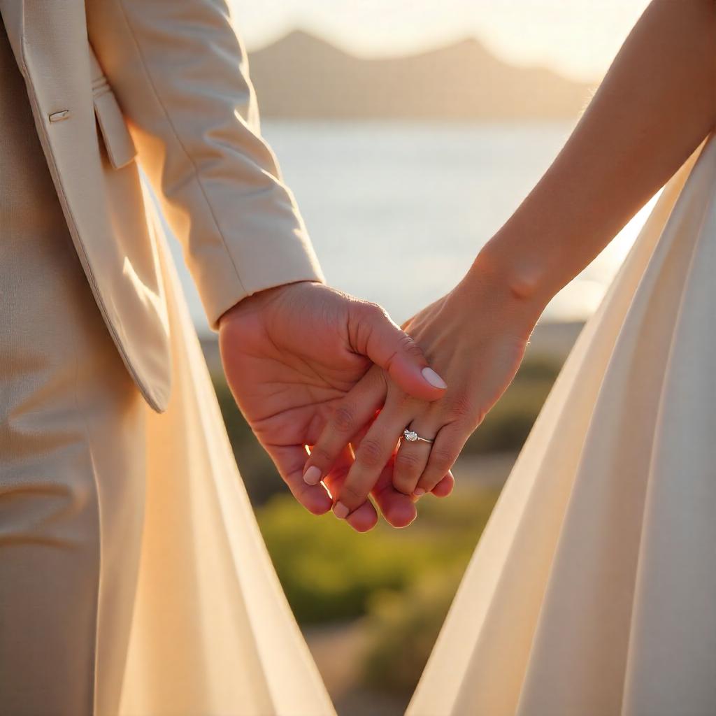 Close-up of a newly engaged couple’s hands with a sparkling diamond engagement ring, set against a soft, romantic Cape Town backdrop, symbolising honeymoon memories and bespoke jewellery keepsakes.