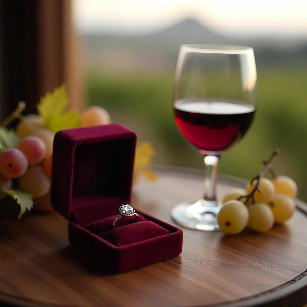 Flat-lay composition featuring a diamond engagement ring in a velvet box, a glass of red wine, and vineyard grapes, with Table Mountain softly blurred in the background, symbolising Cape Town’s luxury pairing of wine tasting and diamond shopping