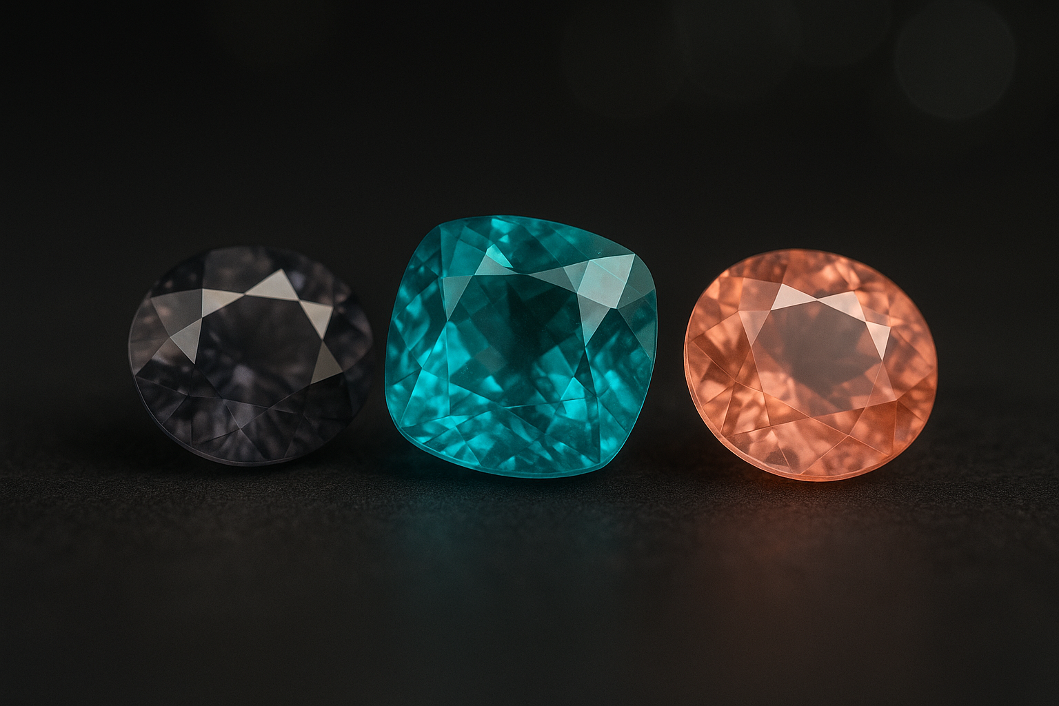 A high-resolution macro photograph of three rare gemstones on a dark surface: a smoky grey musgravite on the left, a vibrant teal-blue grandidierite in the centre, and a warm pink-orange padparadscha sapphire on the right, each displaying crisp facets under soft lighting