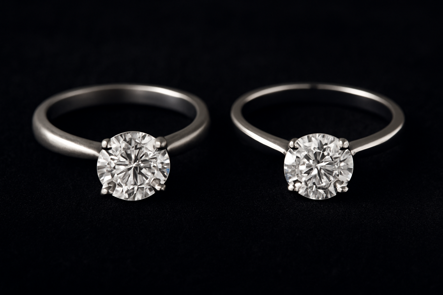 A high-resolution photograph of two solitaire diamond rings on black velvet: a platinum ring with a subtle matte patina on the left, and a polished white gold ring on the right, under soft lighting.