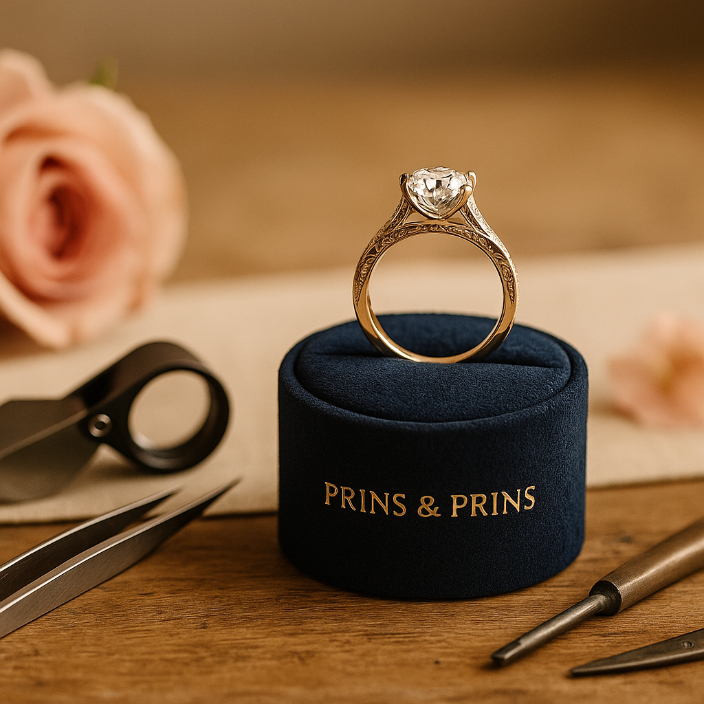 A handcrafted yellow gold engagement ring with a round brilliant diamond displayed on a navy Prins & Prins velvet box, surrounded by a jeweller’s loupe, tweezers, a fine engraving tool, and a blush rose, all arranged on a warm wooden table under soft natural light to highlight artisanal craftsmanship.