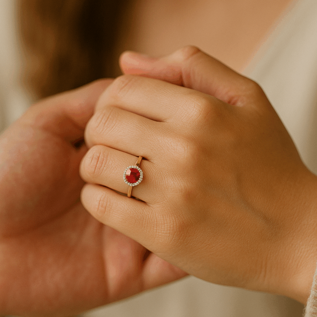 A close-up photograph of a woman’s left hand wearing a ruby engagement ring with a diamond halo and yellow gold band, gently holding her partner’s hand. The warm, softly blurred background and natural light create a romantic atmosphere, emphasising the ring’s sparkle and the couple’s connection.