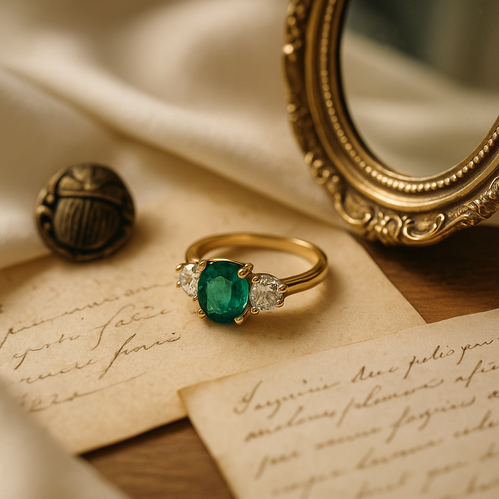A hero-style photograph of a vintage-inspired emerald and diamond ring resting on ivory silk fabric beside a softly blurred handwritten letter and a gold-framed mirror. The lighting creates a warm, emotional atmosphere, evoking timeless elegance and the sentiment of wearing a piece of history.