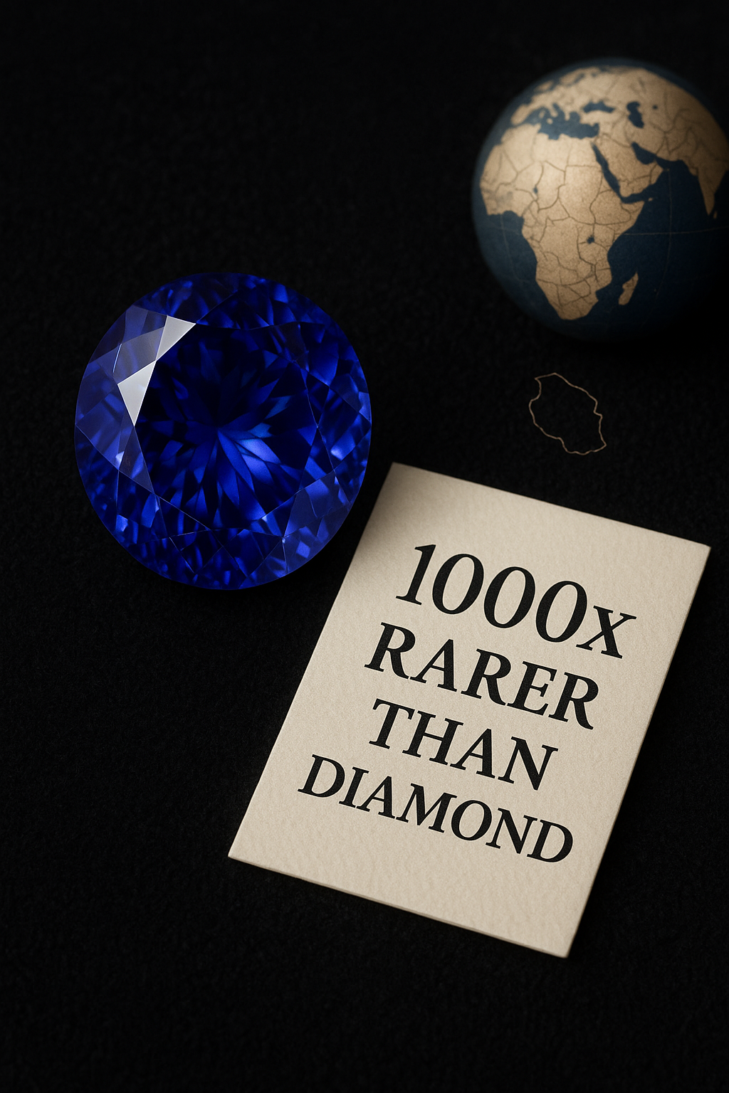 A faceted blue-violet Tanzanite gemstone sits on a textured black background beside a cream card that reads “1000x RARER THAN DIAMOND.” A small globe showing Africa and an outline of Tanzania appear in the upper corner, with soft lighting highlighting the gem’s brilliance.