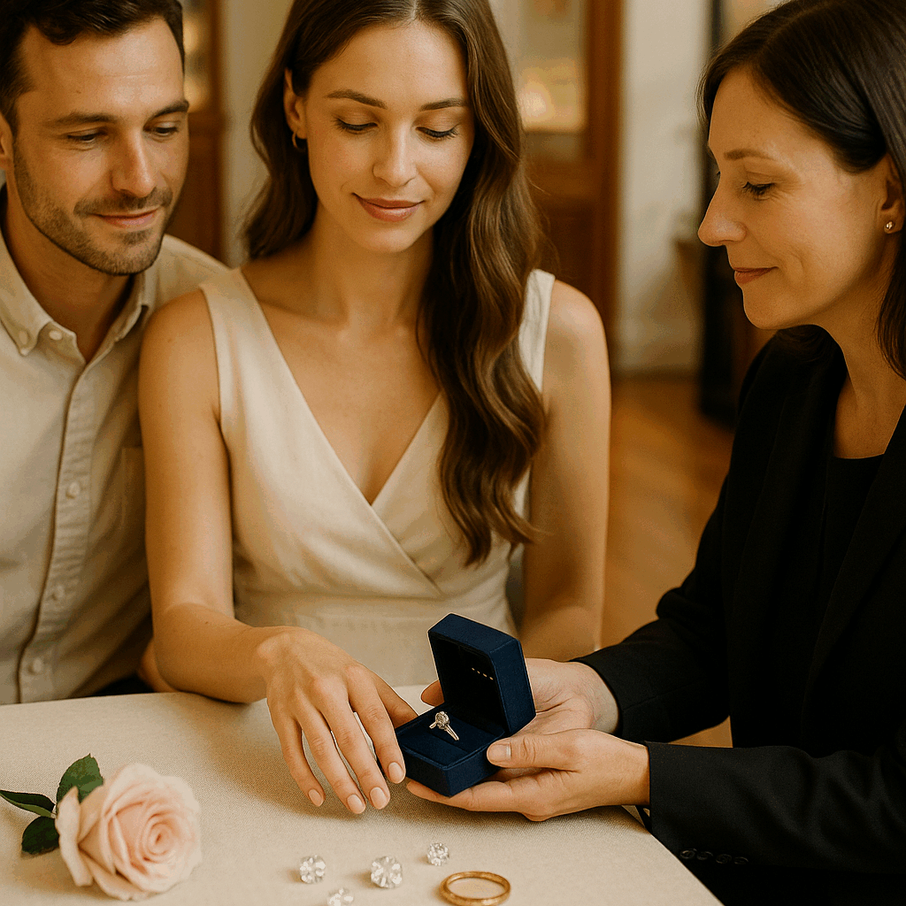A young couple consults with a Prins & Prins jeweller in a warmly lit boutique, admiring a solitaire diamond ring in a navy velvet box, with a blush rose and loose diamonds on a linen-covered table, illustrating personalised bridal jewellery service.