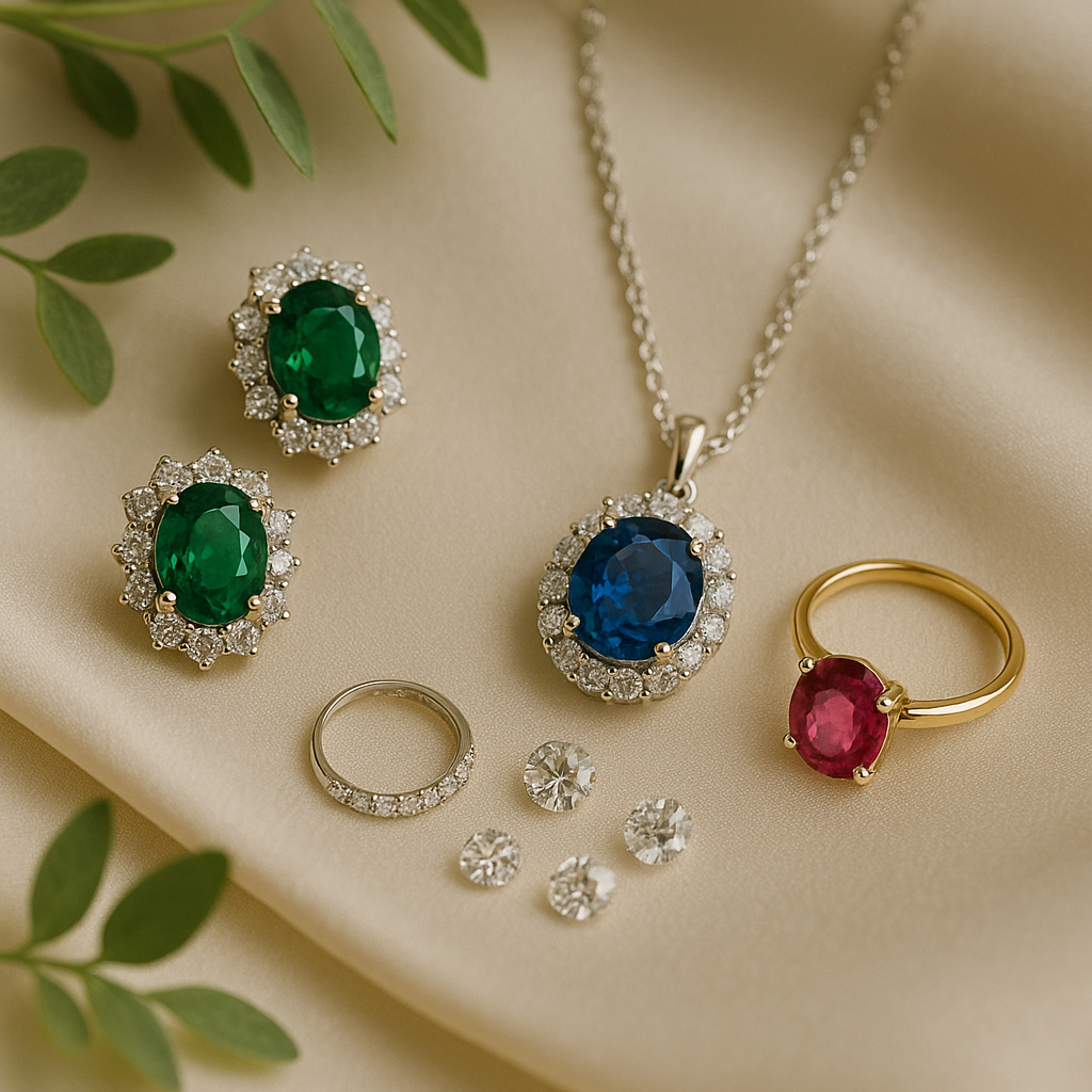 A close-up of emerald earrings, a sapphire pendant necklace, and a ruby ring arranged on cream silk fabric with soft greenery, showcasing colourful gemstone jewellery for personalised bridal choices.
