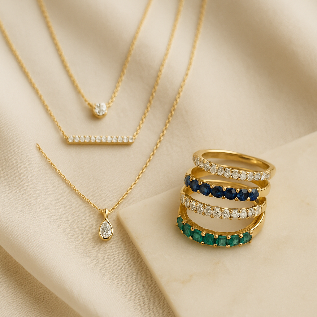 A close-up flat-lay of elegant gold necklaces with diamond pendants and stacked gold rings featuring diamonds, sapphires, and emeralds, arranged on soft off-white fabric and a marble surface, captured in warm natural light for a refined luxury aesthetic.